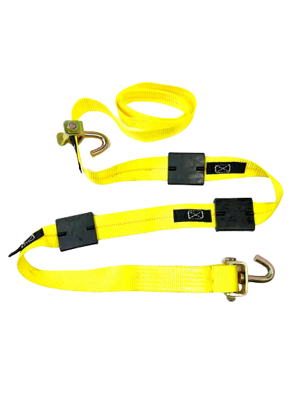 A-2X11RSJRCS-I - 2" x 11' Car Tie Down w/ 3 Swivel J Hooks, Rubber Cleats & Stoppers-GOOD
