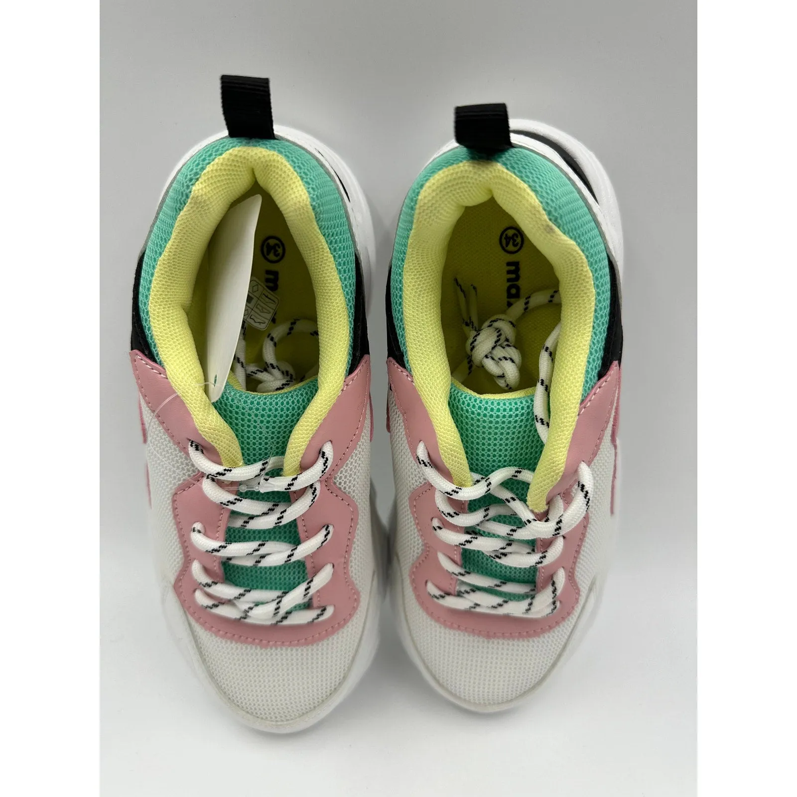 Big Kid/Youth Size 2, White Sneakers, with Black, Teal, Pink and Yellow Accents