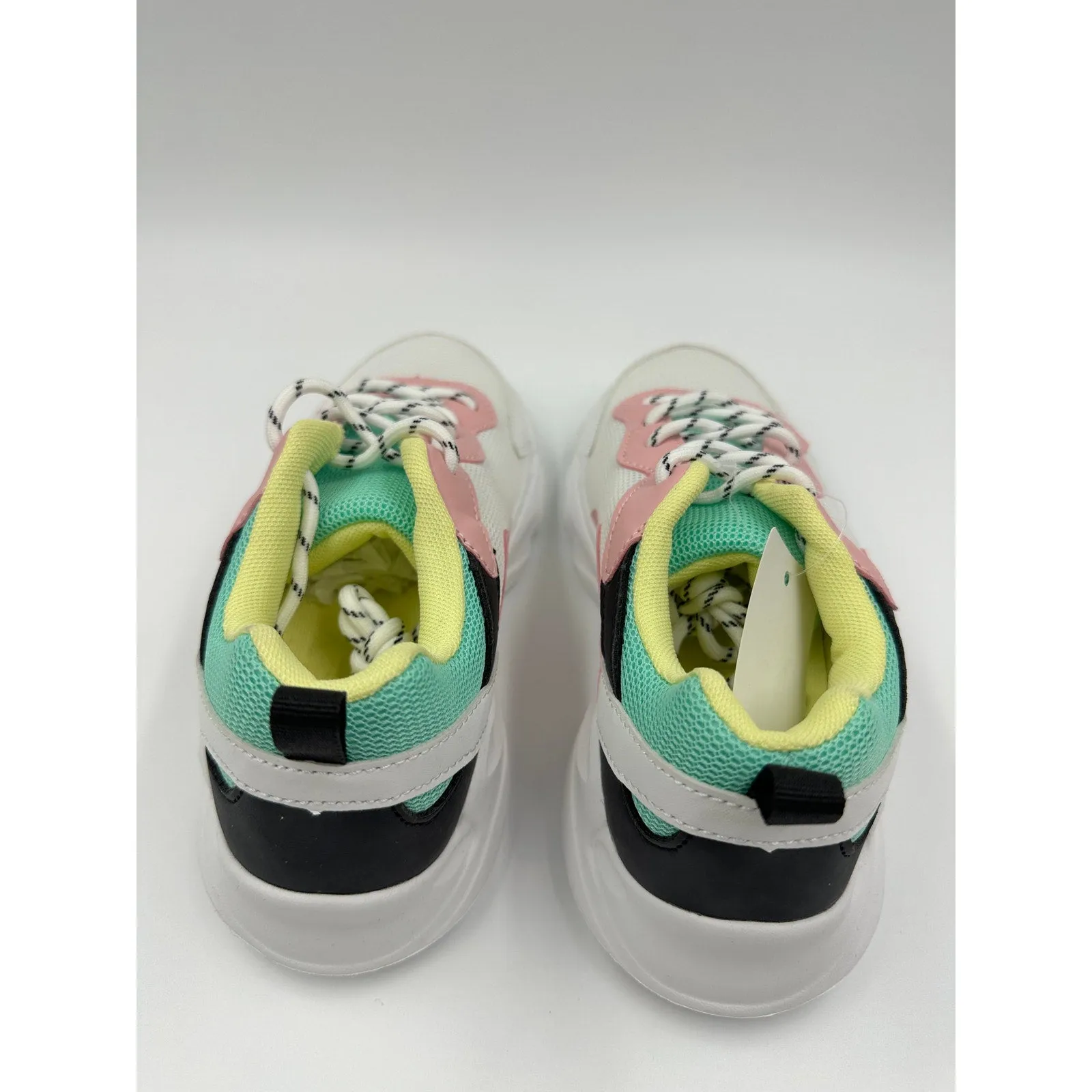 Big Kid/Youth Size 2, White Sneakers, with Black, Teal, Pink and Yellow Accents