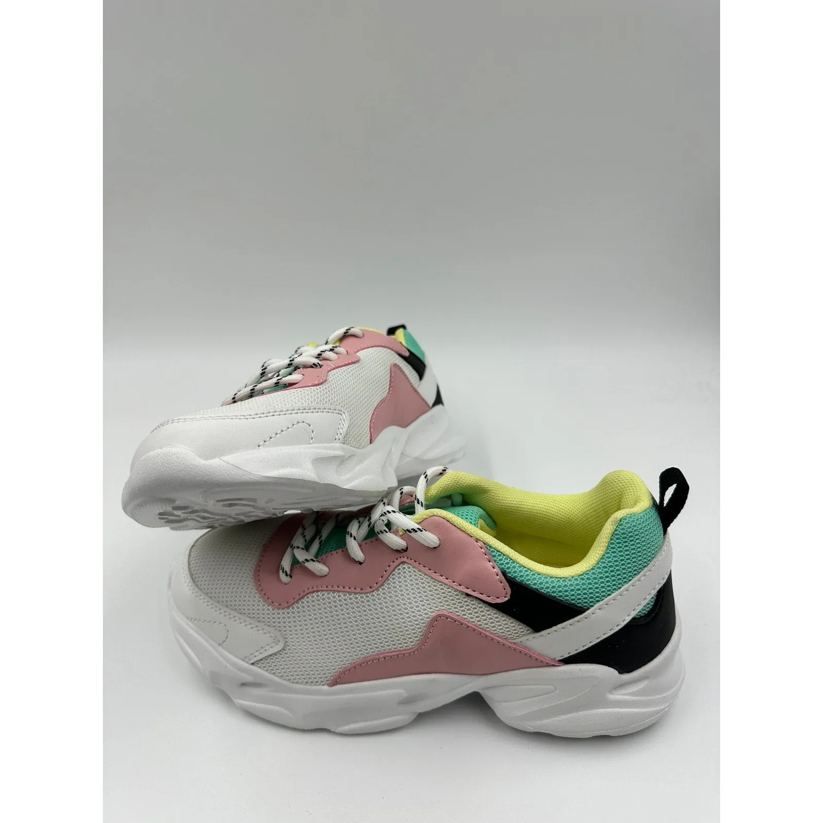 Big Kid/Youth Size 2, White Sneakers, with Black, Teal, Pink and Yellow Accents