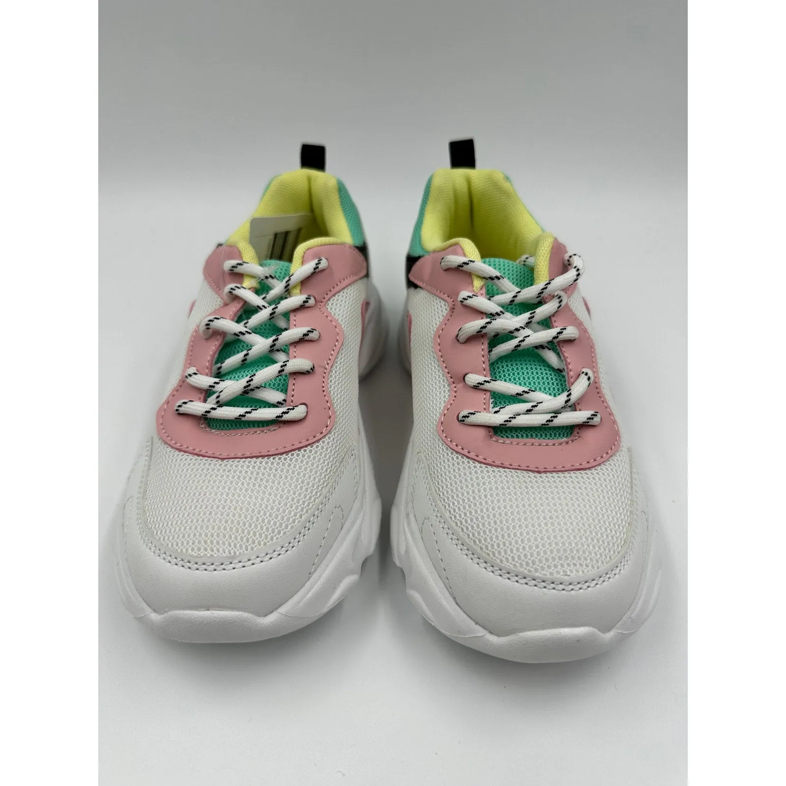 Big Kid/Youth Size 2, White Sneakers, with Black, Teal, Pink and Yellow Accents