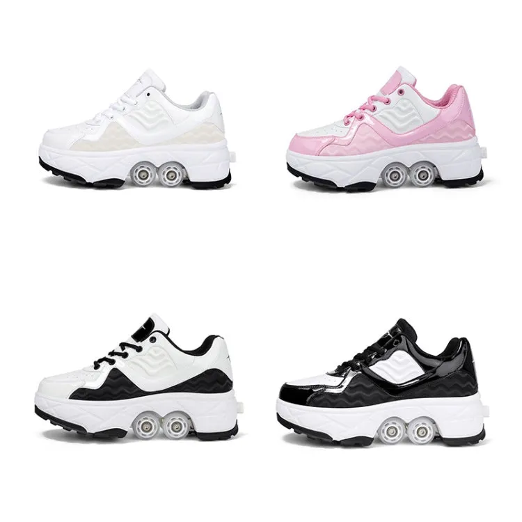 Deformable Four-wheel Retractable Double-row Dual-purpose Roller Skates, Size: 34(DF09 White Black)