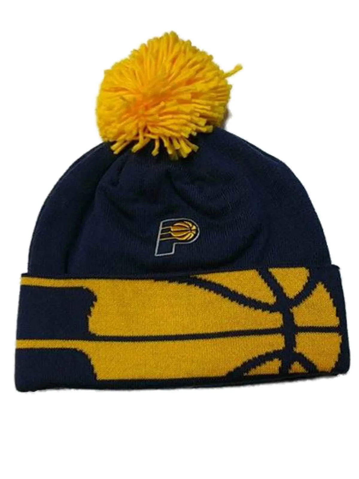 Indiana Pacers Adidas Navy Yellow Basketball Cuffed Beanie Hat Cap with Poof