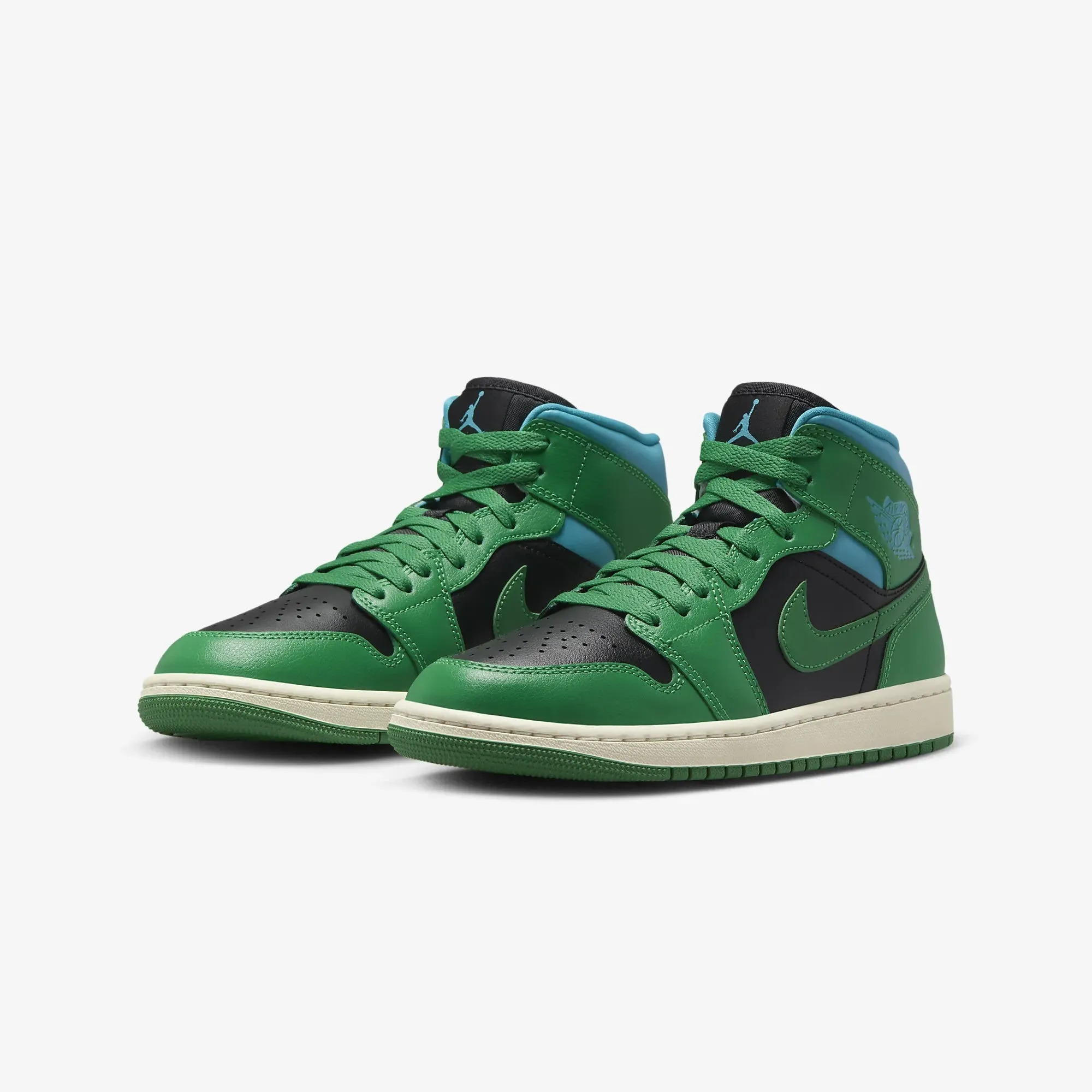 Jordan | WMN'S AIR JORDAN 1 MID  { BLACK/LUCKY GREEN-AQUATONE-SAIL