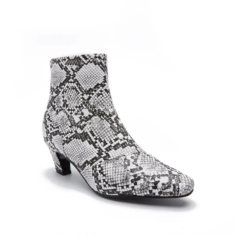Pointed Toe Chunky Heel Snake Print Low Boots