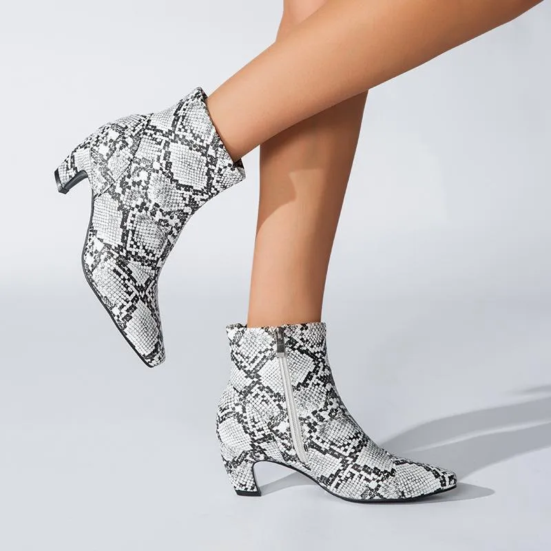Pointed Toe Chunky Heel Snake Print Low Boots