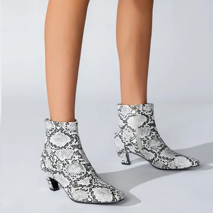 Pointed Toe Chunky Heel Snake Print Low Boots