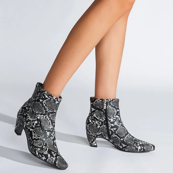 Pointed Toe Chunky Heel Snake Print Low Boots