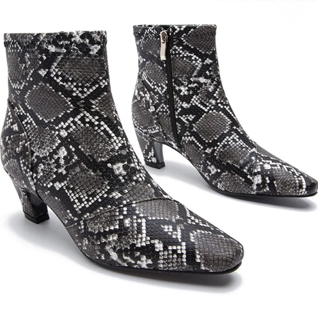 Pointed Toe Chunky Heel Snake Print Low Boots