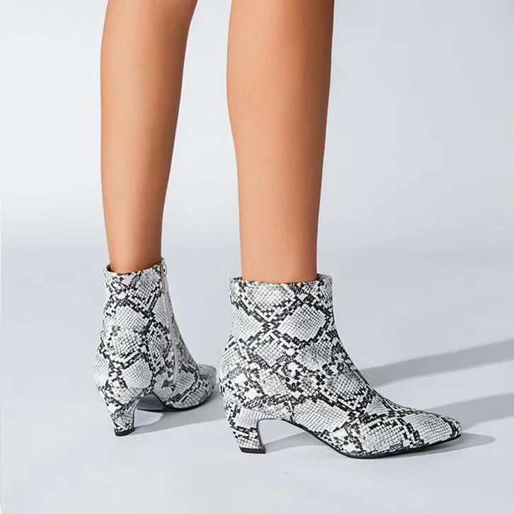 Pointed Toe Chunky Heel Snake Print Low Boots