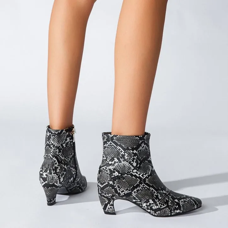 Pointed Toe Chunky Heel Snake Print Low Boots