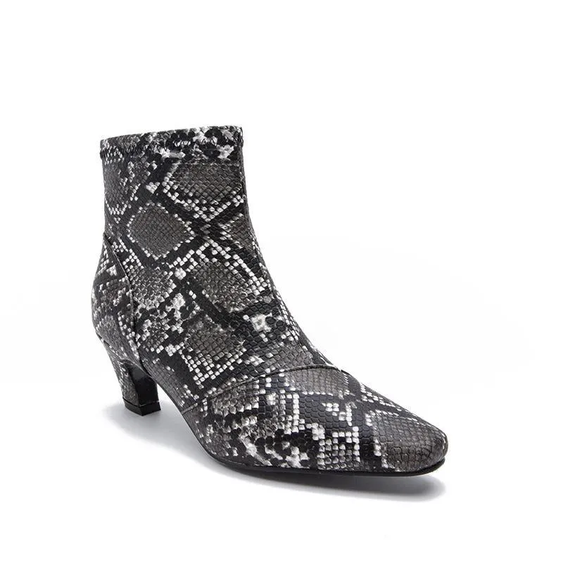 Pointed Toe Chunky Heel Snake Print Low Boots