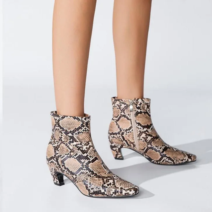 Pointed Toe Chunky Heel Snake Print Low Boots