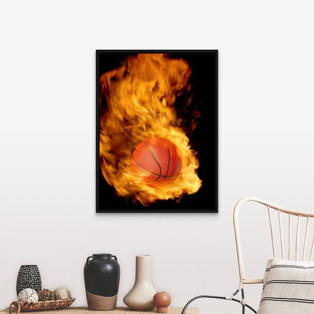 "Basketball on fire" Black Float Frame Canvas Art