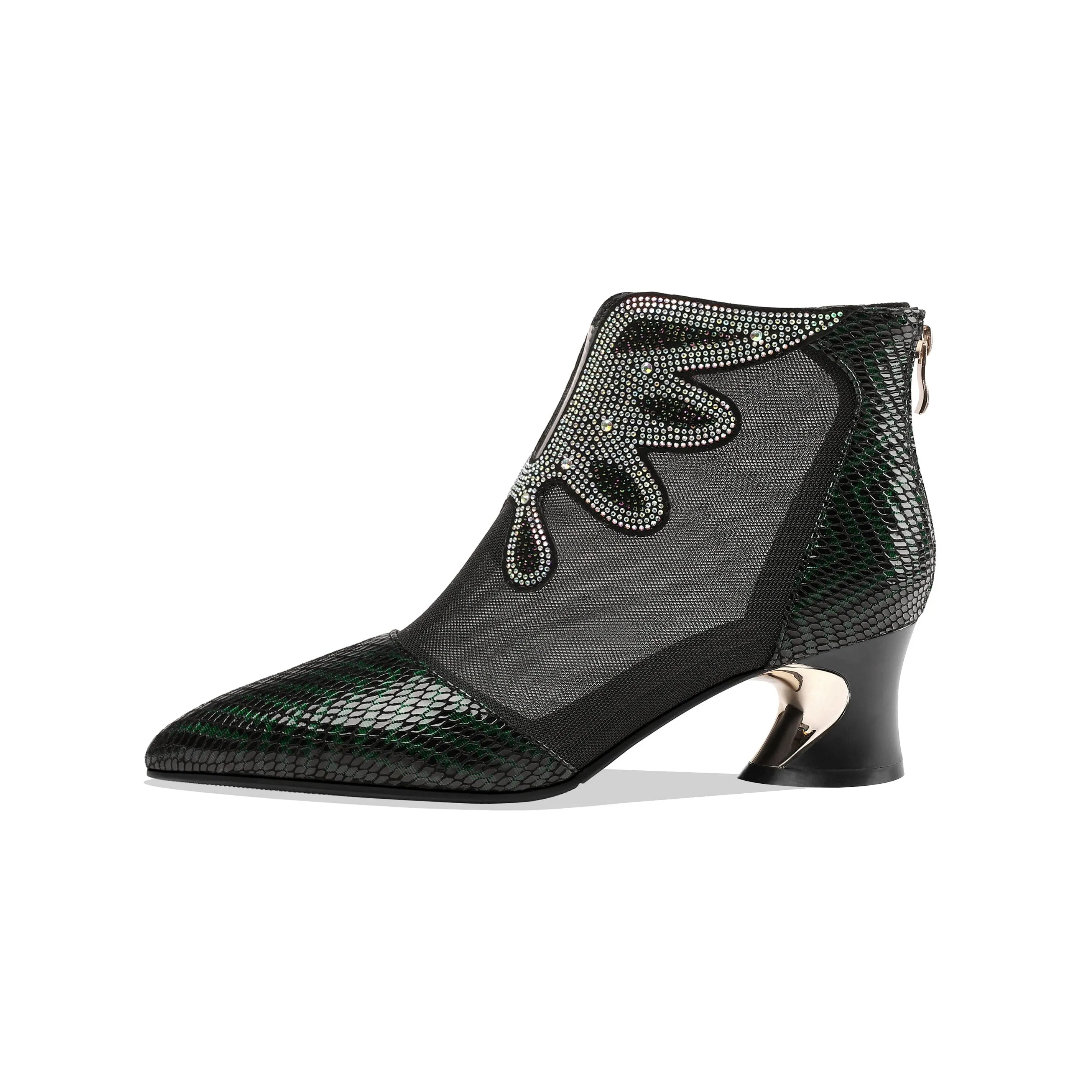 TinaCus Women's Handmade Genuine Leather and Mesh Back Zip Up Glitter Decor Chuncky Heel Summer Boots