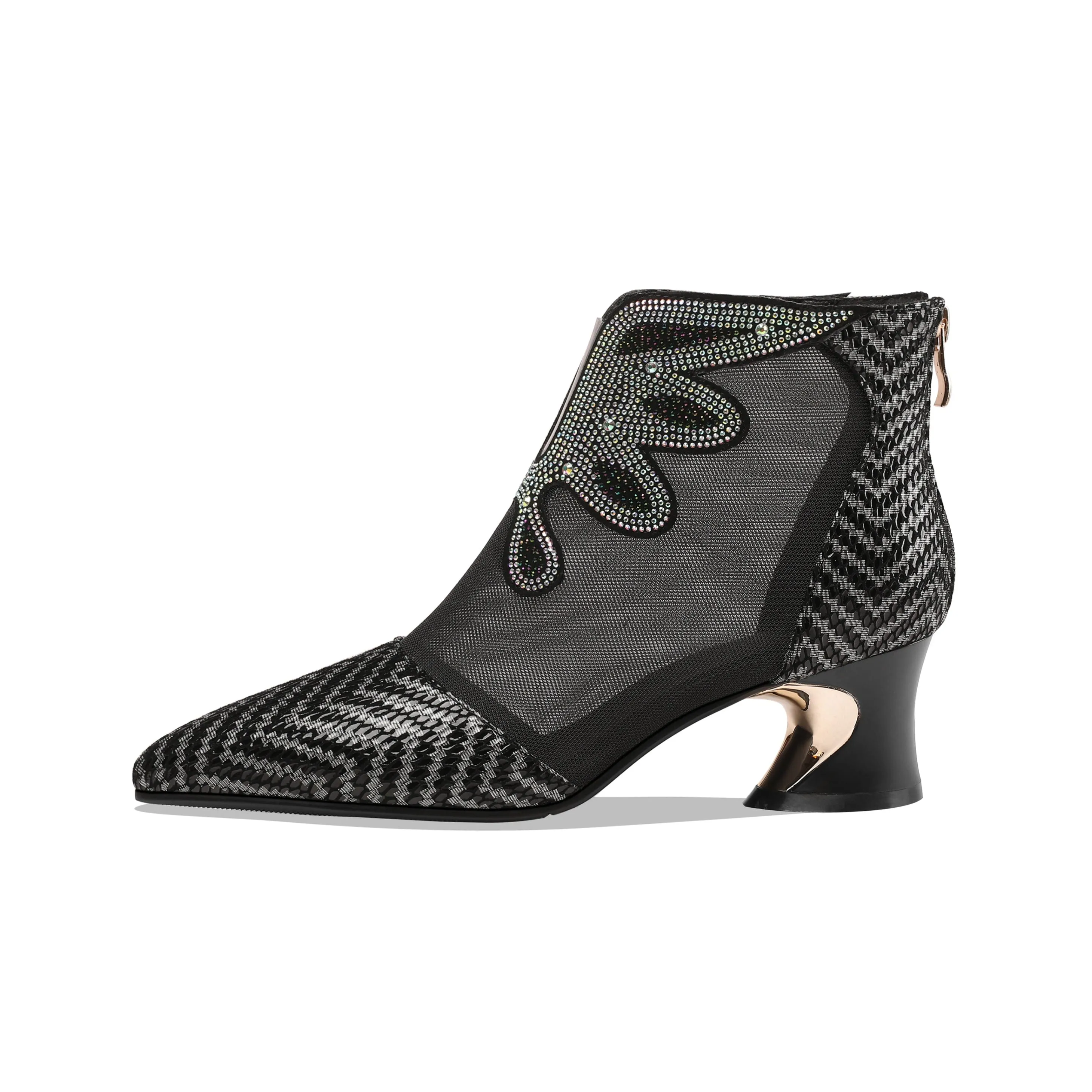 TinaCus Women's Handmade Genuine Leather and Mesh Back Zip Up Glitter Decor Chuncky Heel Summer Boots