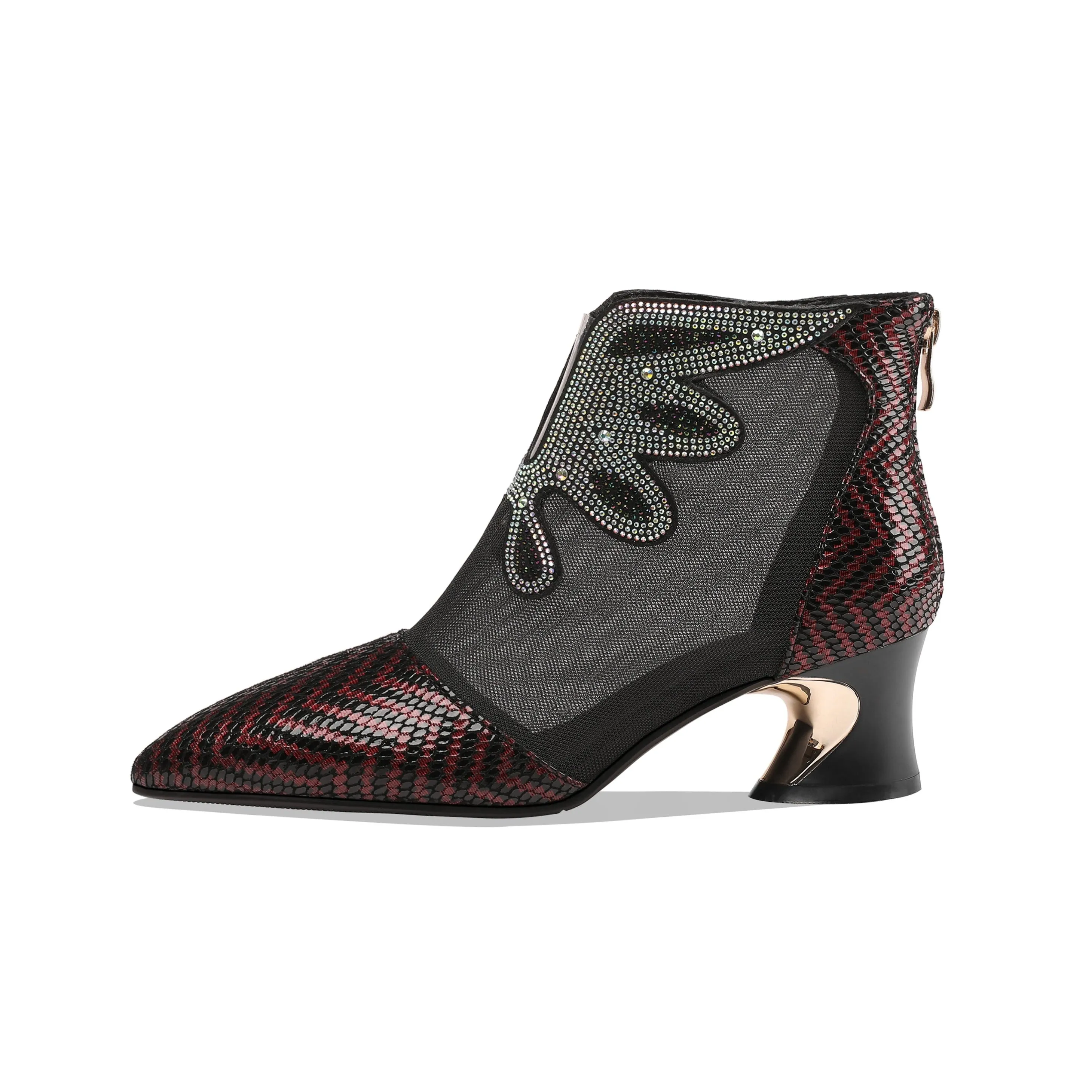 TinaCus Women's Handmade Genuine Leather and Mesh Back Zip Up Glitter Decor Chuncky Heel Summer Boots