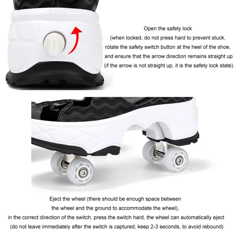 With Brakes Deformable Four-wheel Retractable Double-row Dual-purpose Roller Skates, Size: 33(DF08 Black)