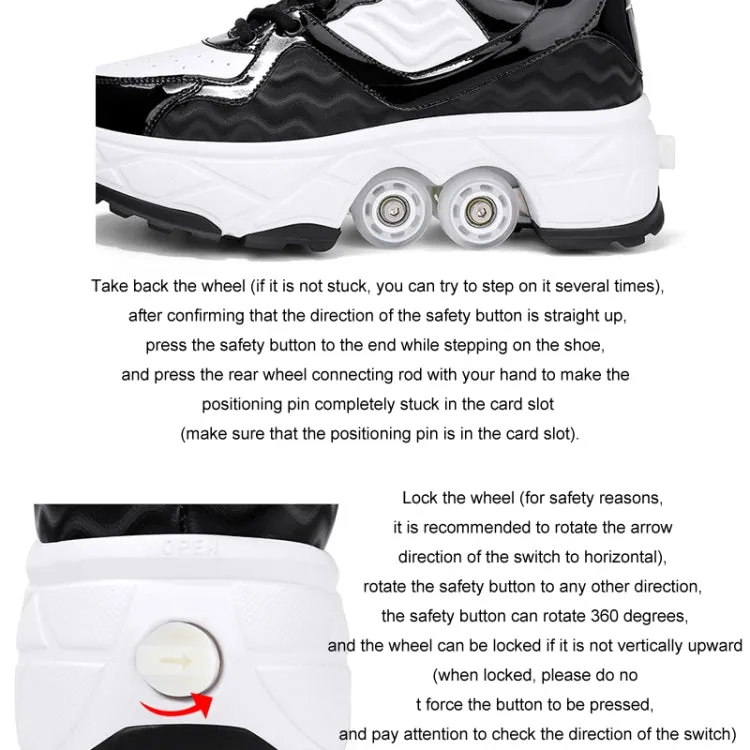 With Brakes Deformable Four-wheel Retractable Double-row Dual-purpose Roller Skates, Size: 33(DF08 Black)