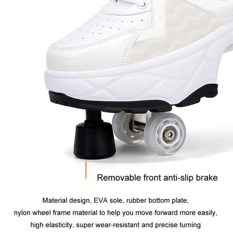 With Brakes Deformable Four-wheel Retractable Double-row Dual-purpose Roller Skates, Size: 33(DF08 Black)