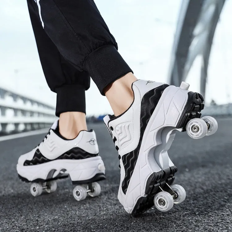 With Brakes Deformable Four-wheel Retractable Double-row Dual-purpose Roller Skates, Size: 33(DF08 Black)
