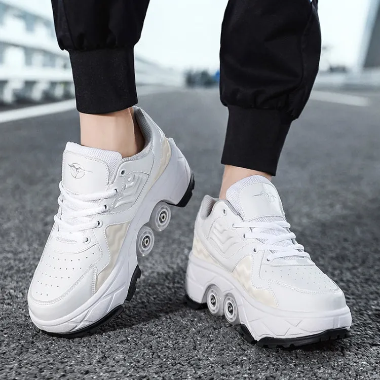 With Brakes Deformable Four-wheel Retractable Double-row Dual-purpose Roller Skates, Size: 33(DF08 White)